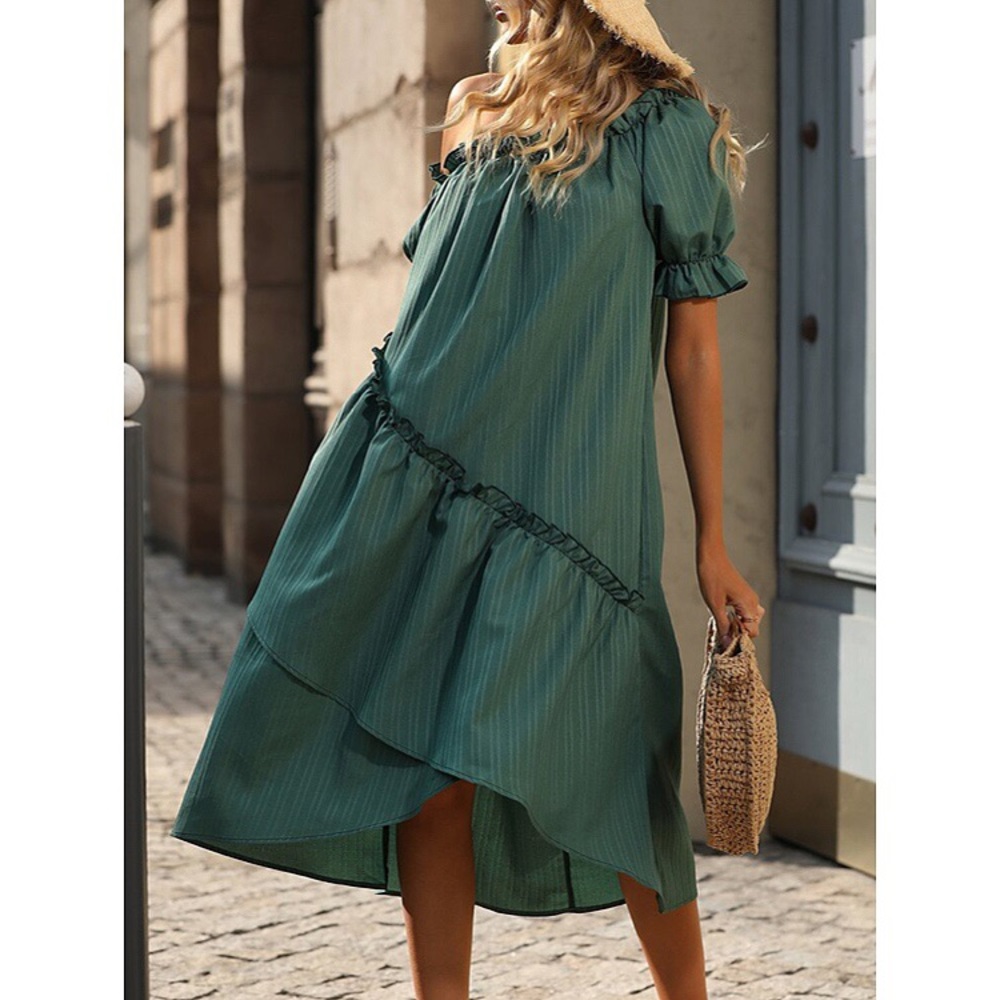 🍃 BOHO GREEN ASYMMETRICAL RUFFLE LOOSE FIT DRESS! - Picture 4 of 7